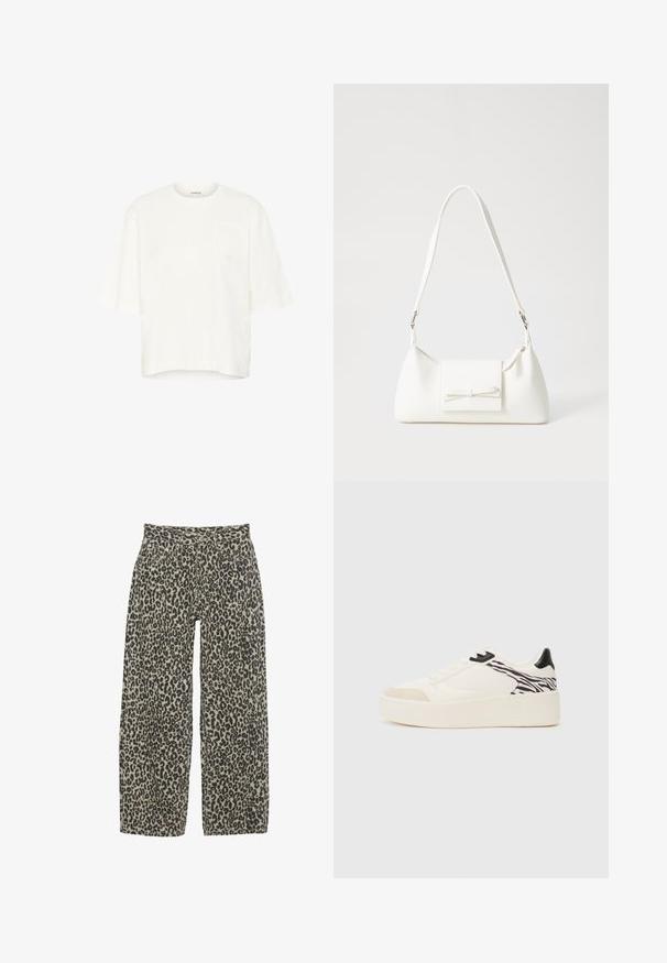 Tricou alb din bumbac cu mâneci scurte, guler rotund și o aplicatie texturată cu logo pe partea stângă a pieptului, având o siluetă boxy.; Pantaloni largi cu imprimeu de leopard într-o schemă de culori neutră, bej și negru. Prezintă talie înaltă, cinci buzunare și închidere cu nasture.; Even&Odd Sneakers low - white/black; Geantă sintetică albă, cu formă triangulară, capac frontal plat și detaliu cu fundă, curea ajustabilă, textură netedă și design minimalist.