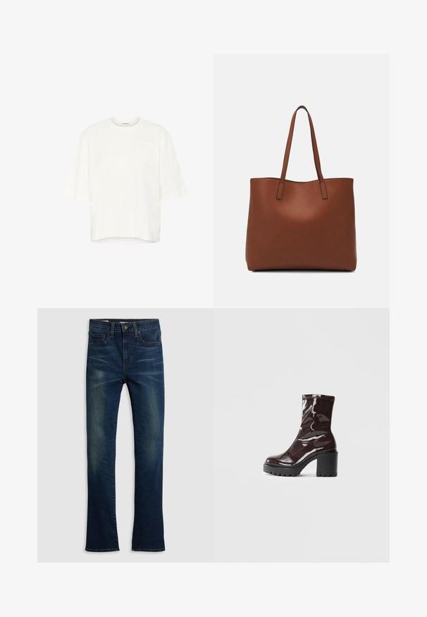 White cotton t-shirt with short sleeves, round neck, and a textured logo patch on the left chest, featuring a boxy silhouette.; Dark blue denim jeans with a straight leg design, five-pocket style, and subtle whiskering detail on the front.; Glossy burgundy ankle boot with a chunky black heel, featuring a smooth texture and simple design. No visible fastenings or patterns.; Brown leather tote bag with a smooth texture, open top design, and two shoulder straps. Features minimal stitching and no visible hardware.