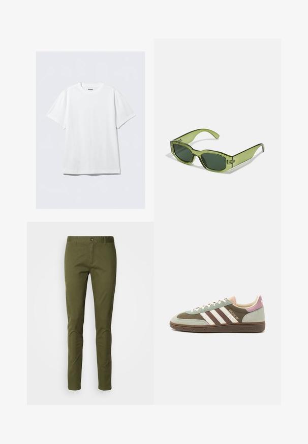 Hvit, kortermet t-skjorte laget av myk bomull. Har rund hals og en avslappet passform, med en glatt tekstur og et rent, uornamentert design.; Oliven grønne chinos laget av bomullsmiks, med rett passform, glidelås og frontlommer. Glatt tekstur med minimal detaljering.; Suedeskinn og tekstil gymsko i grønn, brun og beige med tre hvite striper. Har en lys rosa aksent på hælen og teksturert såle.; Grønne, gjennomsiktige solbriller med rektangulær ramme, mørkegrønne linser og en logodatatovering på siden. Glatt tekstur og moderne design.
