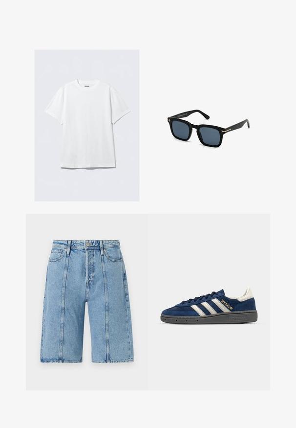 Biała krótko rękawek koszulka wykonana z miękkiej bawełny. Posiada okrągły dekolt i luźny krój, z gładką teksturą i prostym, nieozdobionym wzorem.; Jasnoniebieskie szorty dżinsowe o prostym kroju, pięciokomorowym designie i subtelnym wyblaknięciu, z metalowymi guzikami i akcentami ściegów.; Granatowe zamszowe sneakersy z białymi paskami, złotym detalem "Spezial", szaro teksturowaną podeszwą, okrągłym czubkiem i dopasowanymi sznurówkami. Klasyczny design.; Czarne kwadratowe okulary przeciwsłoneczne z ciemnymi soczewkami, matowym wykończeniem i złotymi metalowymi akcentami na zausznikach, charakteryzujące się minimalistycznym designem.