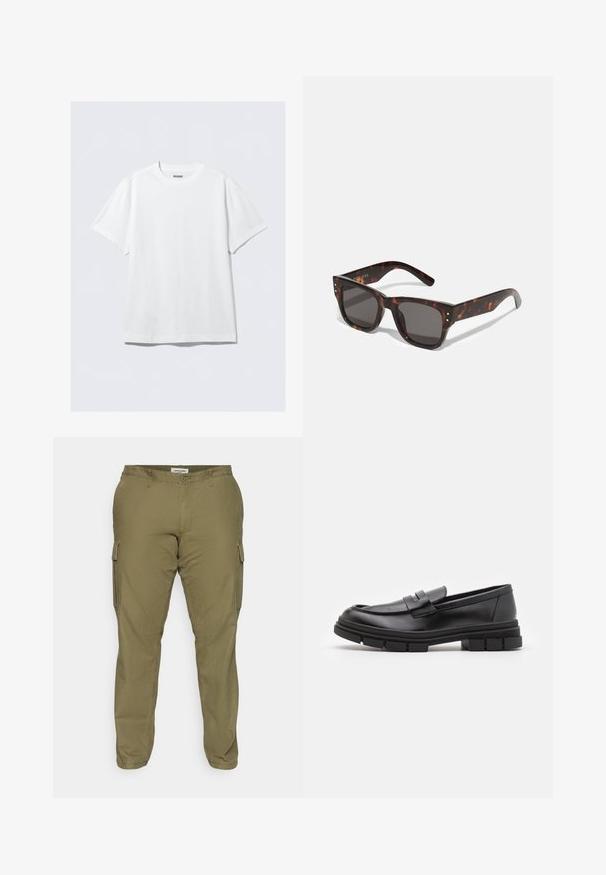 Tricou alb cu mânecă scurtă fabricat din bumbac moale. Are un guler rotund și o croială lejeră, cu o textură netedă și un design curat, fără ornamente.; Pantaloni cargo verzi măslinii dintr-un material din bumbac, cu buzunare laterale, curea și un design cu picior drept. Textură netedă.; Loaferi din piele neagră cu un finisaj neted, având un detaliu cu bretea frontală și o talpă din cauciuc masivă cu accente striate.; Ochelari de soare din material tortoise cu lentile închise la culoare, cadru pătrat și studuri argintii pe partea din față. Fabricati din plastic, ușori și durabili.