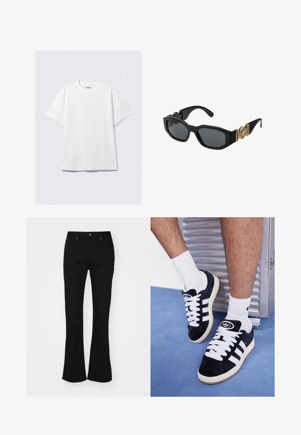 Bela majica s kratkimi rokavi, izdelana iz mehke bombažne tkanine. Ima okroglo ovratnik in sproščen kroj, z gladko teksturo in preprostim, neopremljenim dizajnom.; Črne visoko pasne razširjene kavbojke s sprednjim gumbom in petnimi žepi, predstavljene na belem ozadju.; Črne semiš teniske z belimi vezalkami in tremi belimi črtami. Imajo okroglo črno oznako na jezičku in gumijast podplat.; Črne sončne očala z masivnim geometrijskim okvirjem, temnimi lečami in zlatimi kovinskimi detajli na templjih, ki vsebujejo okroglo emblemo.
