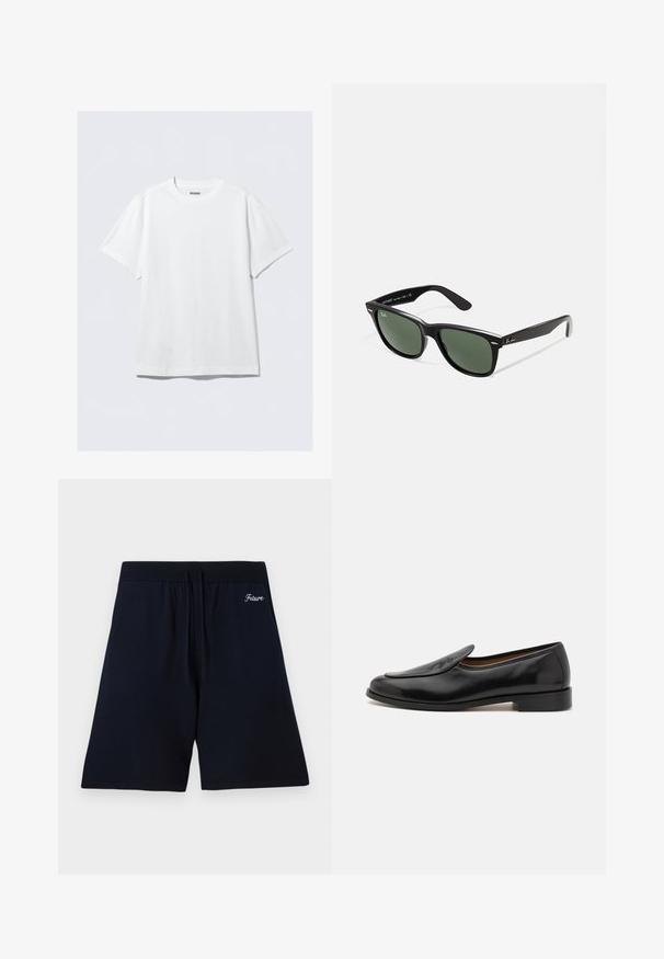 Vit kortärmad t-shirt i mjuk bomull. Har rund halsringning och avslappnad passform, med en slät yta och ren, odekorerad design.; Mörkblå shorts i mjukt tyg, med elastisk midja och snörning, samt broderad text "Framtid" nära toppen.; Svarta läderloafers med en slät yta, rund tå, låg klack och sidoflikar för enkel påtagning. Har en diskret logotypdetalj på framsidan.; Svarta plastsolglasögon med gröna linser, fyrkantiga bågar, silverdetalj på ögonbrynet och texturerade skalmar. Angiven märkning på den inre skalmen.; Set med fem metallringar i olika bredder. Ringarna har en slät, polerad yta och en enhetlig silverfärg.