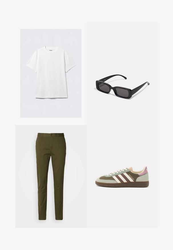 T-shirt bianco a maniche corte realizzato in cotone morbido. Presenta un collo a giro e una vestibilità rilassata, con una texture liscia e un design semplice e privo di decorazioni.; Pantaloni verde oliva in cotone liscio, con chiusura a bottone, design slim fit e dettagli di cucitura minimi sulla vita.; Sneaker in suede e tessuto verde, marrone e beige con tre strisce bianche. Presenta un'accente rosa chiaro sul tallone e una suola testurizzata.; Occhiali da sole neri rettangolari con lenti scure, finitura lucida, aste larghe e design della montatura spessa. Nome del marchio inciso su un'asta.