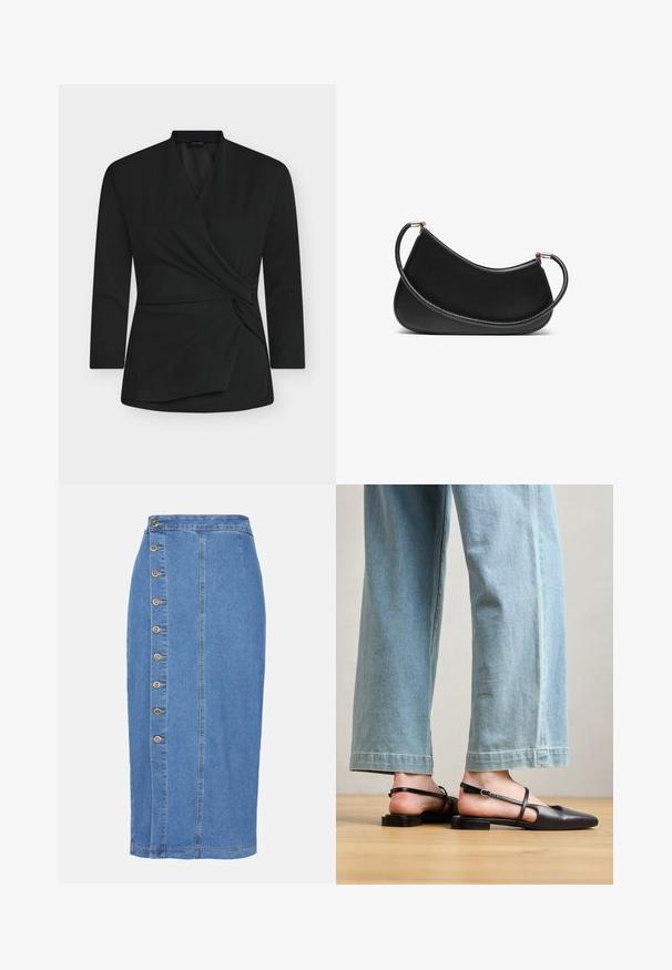 Juodas suveržiamas viršus ilgomis rankovėmis, pagamintas iš minkštos medžiagos. Priekyje yra susuktos mazgo detalė ir V formos kaklo iškirptė.; Šviesiai mėlyna džinsinė midi sijonas su priekiniais sagų uždarymu, septynios metalinės sagos ir tiesi silueto forma su hemline žemiau kelių.; Juoda odinė basutė su smailiu nosiu, plokščiu Kulnu ir kulkšnies dirželiu; derinama su šviesiai mėlynomis plačiomis džinsinėmis kelnėmis.; Juodas odinis pečių krepšys su išlenktu dizainu, turintis tekstūruotą dirželį ir auksinės spalvos detalėmis viršutinėje užtrauktuko dalyje. Lygi apdaila.; Auksiniai auskarai su įvairiais dizainais, įskaitant studus, žiedus ir kabančius modelius su perlų ir kristalų akcentais.