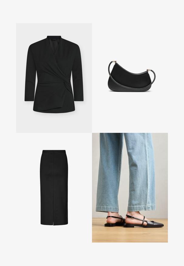 Musta kietaisupaita, jossa pitkät hihat ja pehmeä kangas. Edessä on kiertynyt solmuyksityiskohta ja V-pääntie.; Mustavärinen kynähame, valmistettu sileästä kankaasta, polvipituinen malli, hillitty sivuhalkio ja siistit saumat. Ei näkyviä kuvioita tai koristeita.; Mustat nahkaiset slingback-kengät, joissa on terävä kärki, litteä korko ja nilkkahihna; yhdistetty vaaleansinisiin leveälahkeisiin farkkuihin.; Mustassa nahkaolkalaukussa on kaareva muotoilu, jossa on teksturoitu olkahihna ja kultasävyinen metalliosuus yläosassa. Pintamateriaali on sileä.; Kultasetti kultaisenvärisiä korvakoruja, jotka sisältävät erilaisia muotoiluita, kuten nappikorviksia, rengaskorviksia ja roikkuvia korviksia, joissa on helmiä ja strasseja.