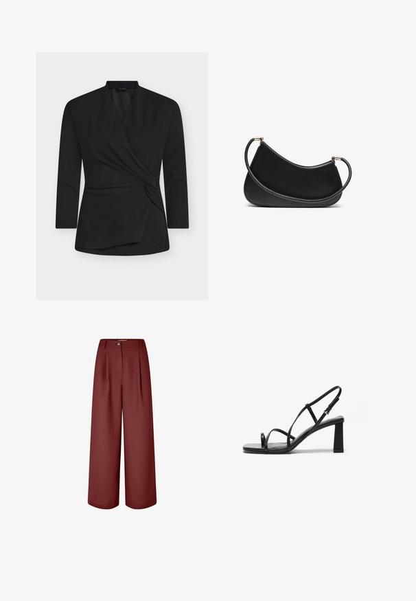 Schwarzes Wickeltop mit langen Ärmeln, aus weichem Stoff gefertigt. Verfügt über ein verdrehtes Knotendetail vorne und einen V-Ausschnitt.; Weit geschnittene Hosen in einem kräftigen Burgunderrot, aus glattem Stoff gefertigt. Verfügt über einen Bund, vordere Falten und einen einzelnen Knopfverschluss.; Schwarze high-heeled Sandalen mit quadrater Zehenform, dünnen verstellbaren Riemen und einem klobigen Blockabsatz. Glatte Ledertextur mit minimalen Details.; Schwarze Leder-Schultertasche mit geschwungenem Design, ausgestattet mit einem strukturierten Riemen und goldfarbenen Beschlägen am oberenverschluss. Glatte Oberfläche.; Goldfarbene Ohrringe in verschiedenen Designs, darunter Stecker, Creolen und hängende Modelle mit Perlen und Strass.