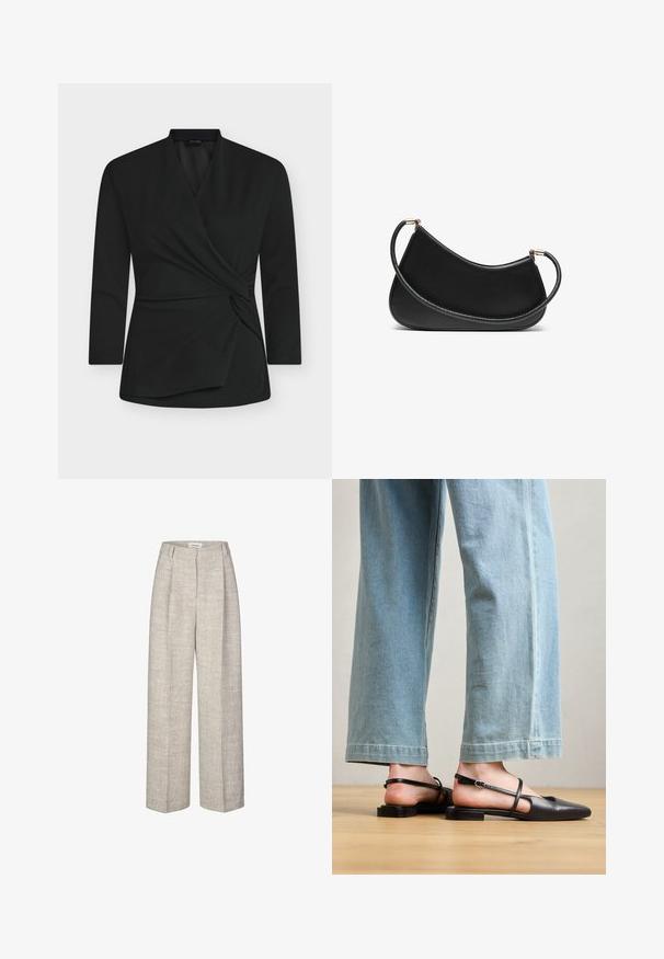 Čierny zavinovací top s dlhými rukávmi, vyrobený z mäkkej látky. Má detail skrúteného uzla vpredu a výstrih do V.; Svetlo šedé nohavice s vysokým pásom z textúrovanej látky, so širokými nohavicami a dvoma prednými záhybmi. Obsahujú predné zapínanie na gombík a pútka na opasok.; Čierne kožené sandále na opätku s špicatou špičkou, plochým podpätkom a remienkom okolo členka; nosené s svetlomodrými voľnými džínsami.; Čierna kožená taška cez rameno s zakriveným dizajnom, s textúrovaným popruhom a zlatými prvkami na hornej priehradke. Hladký povrch.; Súprava náušníc v zlatom odtieni obsahujúca rôzne dizajny, vrátane puzetových, kruhových a visiacich kúskov s perlami a rhinestones.