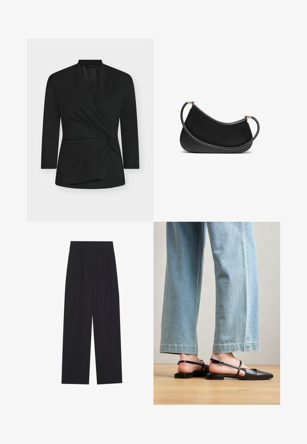 Melnā wrap top ar garām piedurknēm, izgatavots no mīksta auduma. Priekšpusē ir savērpta mezgla detaļa un V-veida izgriezums.; Melni platajiem piegriezuma bikses, kas izgatavotas no gluda auduma, ar krokām, plakanu vidukļa joslu un bez redzamām kabatām vai rotājumiem.; Melnas ādas puszābaki ar smailu purngalu, plakanu papēdi un potītes siksniņu; valkāti ar gaiši ziliem platjaku džinsiem.; Melnas ādas plecu soma ar izliekumu, aprīkota ar teksturētu siksnu un zelta tonētiem aksesuāriem augšējā aizdara daļā. Gluda apdare.; Zeltainā tonī auskari, kas iekļauj dažādus dizainus, tostarp pīrsingu, gredzenus un karājošus elementus ar pērlēm un rhinestones.