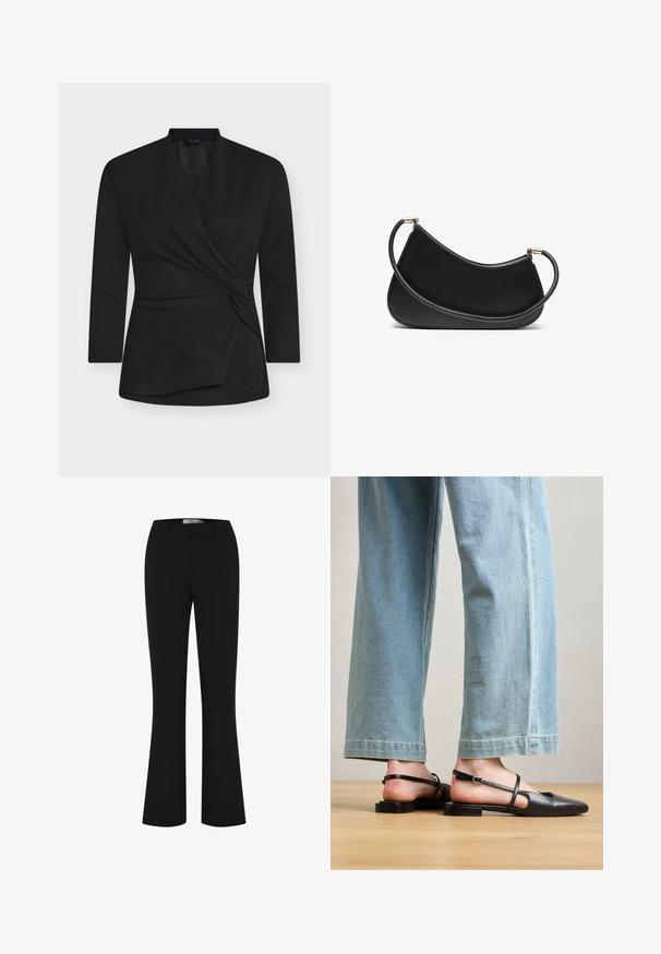 Mustast pehmest kangast pikkade varrukatega mähistüüpiga pluus. Ees on keerutatud sõlme detail ja V-kaelus.; Mustad flared püksid, valmistatud siledast kangast, millel on sobituv vöökohakujundus ja puhas esikülg ilma taskuteta.; Must musta slingback kingad, millel on terav nina, lamedad kontsad ja pahkluu rihm; kantud helesiniste laia säärega teksadega.; Must musta õlakott, millel on kumer disain, tekstureeritud rihm ja kuldsetooniline riistvara ülemise sulgemise juures. Sile viimistlus.; Kullastusust kõrvarõngaste komplekt, mis sisaldab erinevaid disaine, sealhulgas nööpe, rõngaid ja riputatavaid tükke, millel on pärlid ja rhinestones.