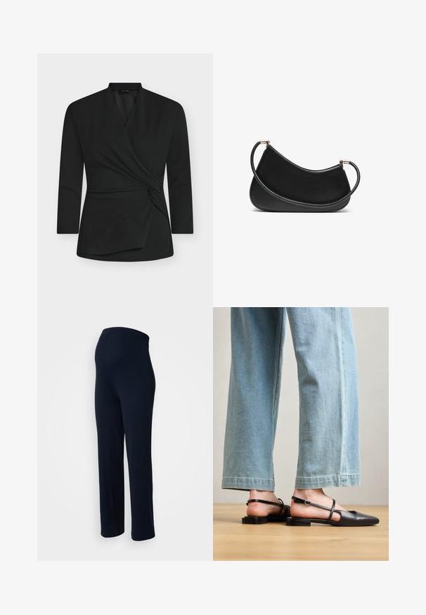 Haut cache-cœur noir à manches longues, fabriqué en tissu doux. Présente un détail de nœud torsadé à l'avant et un décolleté en V.; Pantalon stretch bleu marine avec une texture lisse, ceinture élastique et coupe droite, sans matériel visible ni motifs.; Chaussures slingback en cuir noir avec un bout pointu, un talon plat et une bride à la cheville ; portées avec un jean large bleu clair.; Sac à bandoulière en cuir noir au design arrondi, doté d'une bandoulière texturée et de ferrures dorées au niveau de la fermeture supérieure. Fini lisse.; Ensemble de bijoux en or comprenant un collier superposé avec un pendentif en forme de goutte et des boucles d'oreilles créoles assorties, le tout avec une finition polie.
