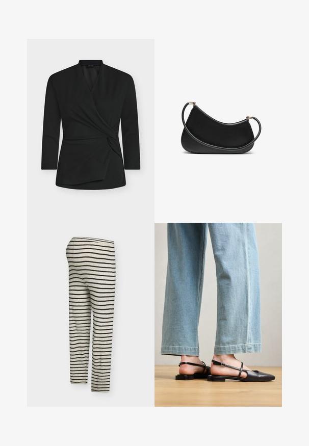 Fekete hosszú ujjú átkötős felső, puha anyagból. Elől csavart csomó részlettel és V-nyak kialakítással.; Krém színű, fekete vízszintes csíkokkal díszített kötött leggings. Testhezálló szabású és rugalmas derékpánttal rendelkezik.; Fekete bőr szandálcipők hegyes orral, lapos sarokkal és bokapánttal; világoskék, bő szárú farmerrel viselve.; Fekete bőr válltáska ívelt dizájnnal, texturált pánttal és aranyszínű hardverelemekkel a felső záráson. Simára finomított felület.; Arany tónusú fülbevalók szettje, amely különféle mintákat tartalmaz, beleértve a stift fülbevalókat, karikákat és gyöngyökkel és strasszokkal díszített hosszú fülbevalókat.