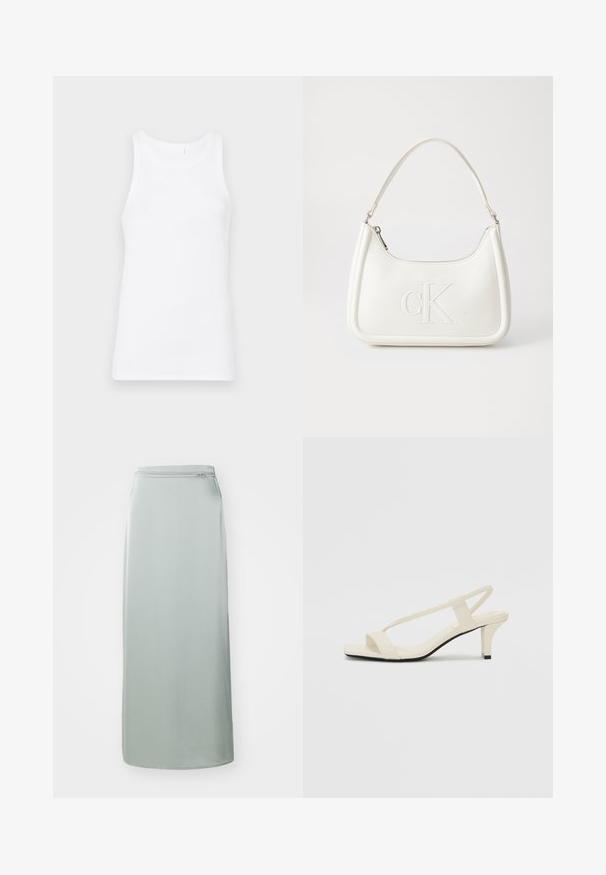 Biała bawełniana koszulka na ramiączkach z okrągłym dekoltem i szerokimi ramiączkami. Materiał jest gładki i dopasowany, bez widocznych wzorów czy ozdób.; Długa, jasna zielona spódnica z gładkiego materiału. Posiada prosty krój z ukrytym zamkiem błyskawicznym w talii. Minimalistyczny design, bez wzorów czy akcentów.; Beżowe sandały na blokowym obcasie z cienkimi ramiączkami i kwadratowym noskiem. Gładki materiał z minimalną ilością detali, zaprojektowane z myślą o łatwym zakładaniu.; Biała skórzana torebka o zaokrąglonym kształcie, z wytłoczonym logo "CK" z przodu i pojedynczym paskiem na ramię. Zapięcie na zamek z góry.