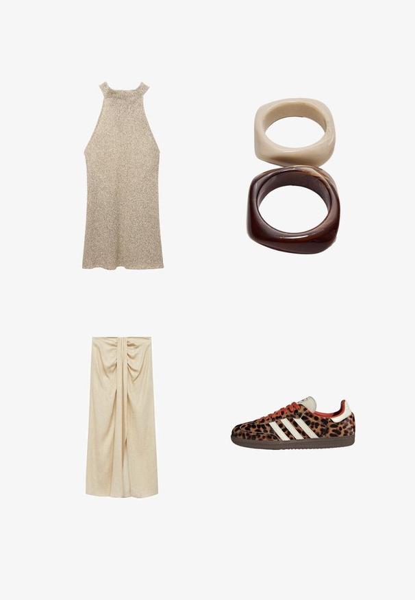 Gehaakt halterjurk in beige met een gestructureerde afwerking. Heeft een hoge halslijn en een mouwloos ontwerp, dat zachtjes uitloopt naar de zoom.; Beige, knie-lange rok van zachte stof, met een gathered ontwerp bij de taille en een zijsplit voor extra beweging en stijl.; Leopardprint sneakers van suède met rode veters en drie witte strepen aan de zijkant. Bevat een crèmekleurige tong en een bruine zool.; Stradivarius SET - Armband - dark brown