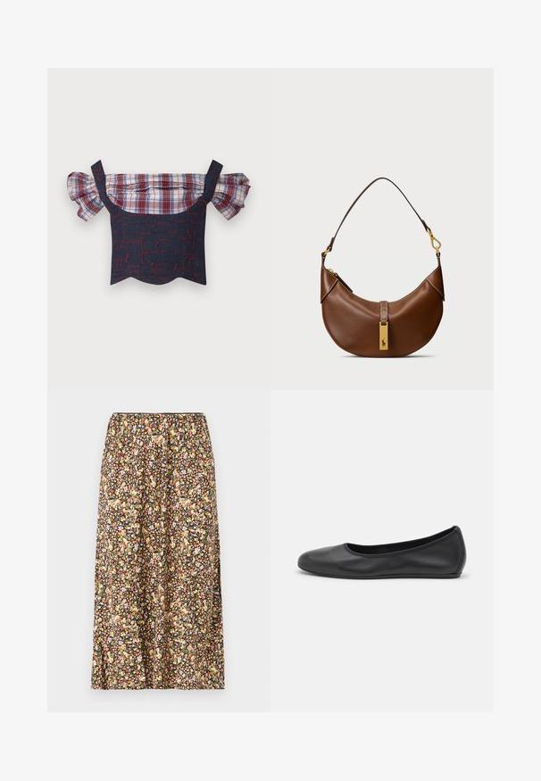 Denim viršūnė be petnešų su pūkuotomis patikslintomis rankovėmis, su raudonais ir mėlynais raštais ant kūno ir banguotu apatinio krašto dizainu. Įmontuotos reguliuojamos petnešos.; Gėlių rašto sijonas juodu fonu, su įvairiomis mažomis gėlėmis rožinės, geltonos ir baltos spalvos. Elastinga juosmens juosta ir iki kelių ilgio.; Juodai odiniai baletai su apvaliu pirštu, lygi texture, minimalus siuvimo detales ir lanksčiu padų dizainu.; Ruda odinė petnešų kuprinė su išlenktu pavidalu, auksinės spalvos detalėmis, viršutiniu užsegimu ir logotipo akcentu. Glotni tekstūra su siūlėmis.