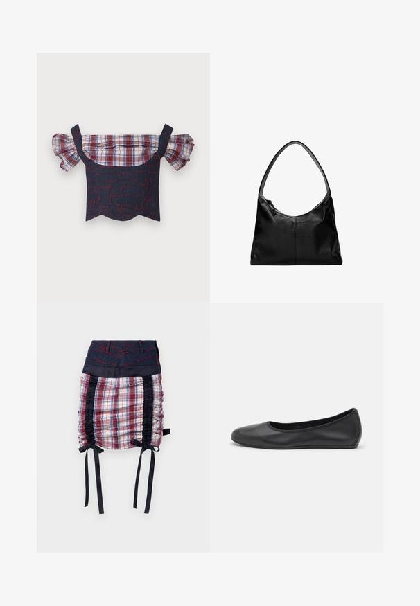 Top in denim senza spalle con maniche a balza a quadri, caratterizzato da un corpo a motivo rosso e blu e orlo scallop. Include spalline regolabili.; Gonna a quadri con vita in denim blu. Presenta pannelli laterali neri, dettagli arricciati e fiocchi neri all'orlo. Accenti di cucitura rossa.; Pantofole da balletto nere in pelle con punta arrotondata, texture liscia, dettagli di cucitura minimi e design con suola flessibile.; Borsa a spalla in pelle nera con una texture liscia, una parte superiore curva e una sola tracolla. Presenta una chiusura con zip e un design minimalista.
