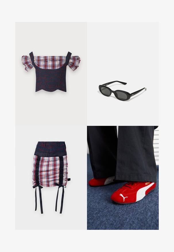 Denim viršūnė be petnešų su pūkuotomis patikslintomis rankovėmis, su raudonais ir mėlynais raštais ant kūno ir banguotu apatinio krašto dizainu. Įmontuotos reguliuojamos petnešos.; Skirta su languota mimika ir tamsiai mėlynu džinsiniu juosmeniu. Yra juodi šoniniai skilteliai, raukiniai ir juodi kaspinai apatinėje dalyje. Raudonų siūlų akcentai.; Raudoni zomšiniai sportbačiai su baltais akcentais, turintys tekstūruotą medžiagą, apvalią nosį ir auksinį logotipą šone, dėvimi su juodomis kelnėmis.; Juodos saulės akiniai su ovaliais lęšiais, blizgiai plastikinis rėmas ir plonos kojelės. Šone matomas balta Ray-Ban logo.; Juodas sintetinės medžiagos petinės rankinės su lenkta siluetu, tekstūruota apdaila, auksiniu trikampiu logotipu ir nuimamais aksesuarais.