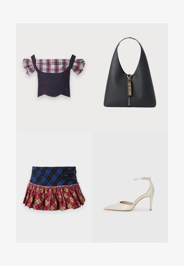 Denim-Oberteil mit schulterfreier Gestaltung und puffigen Karottenärmeln, mit einem rot-blauen Muster und einem gewellten Saum. Verstellbare Träger sind im Lieferumfang enthalten.; Ein plissierter Rock mit einem blauen und schwarzen karierten Oberteil, das zwei schwarze Schnallen hat, und einem rüschierten Saum mit einem roten, grünen und gelben Rautenmuster.; Weiße Leder-Pumps mit spitz zulaufender Zehe, Knöchelriemen und schlanker Stiletto-Absatz. Glatte Oberfläche mit dezent glänzendem Finish.; Schwarze Leder-Schultertasche mit einem breiten Riemen, goldenen Beschlägen und zwei Anhängern, die mit "LOVE MOSCHINO" in goldenen Buchstaben geprägt sind.