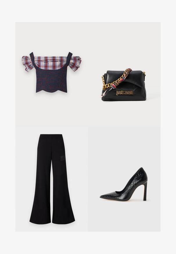 Denim tops ar pleciem, kas ir nolikti uz pleca, ar pūkainiem svītrainiem piedurknēm, ar sarkanu un zilu rakstu ķermeni un viļņotu apakšu. Iekļautas regulējamas siksnas.; Melni izplūdušas bikses, kas izgatavotas no mīksta auduma, ar elastīgu jostu. Kreisajā pusē ir teksturēts logotipa plāksteris.; Melni augstpapēžu apavi ar norādītu purngalu, ar krokodila ādas tekstūru, izceļoties ar elegantu dizainu, augstu stiletto papēdi un gludu melnu interjeru.; Melnas ādas rokassoma ar zelta ķēdes siksnu, kas papildināta ar rakstainu auduma akcentu un ar logotipu iegravētā priekšpusē.