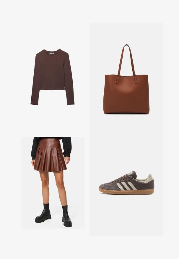 Camicetta corta a maniche lunghe marrone in un tessuto morbido e liscio con scollatura rotonda e senza motivi o hardware visibili.; Gonna plissettata in finta pelle marrone con vita aderente, design a strati e texture morbida, abbinata a stivali alla caviglia neri e chunky.; Sneaker in pelle marrone con tre strisce chiare, suola in gomma, punta arrotondata e dettagli in suede texture sul tallone e sulla punta.; Borsa tote in pelle marrone con texture liscia, design con apertura superiore e due spallacci. Presenta cuciture minime e nessun hardware visibile.