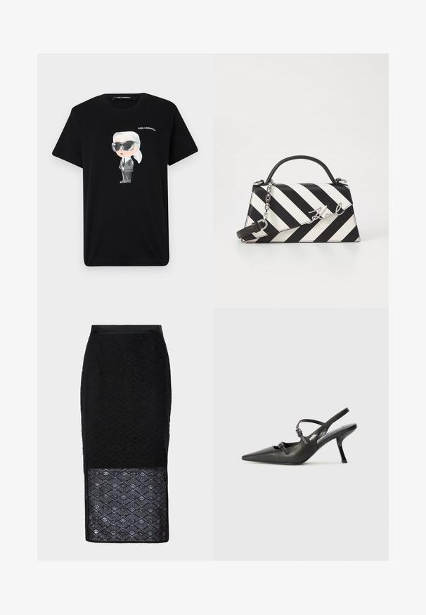 Svart bomull t-skjorte med grafikk av en tegneseriefigur i grått og hvitt, som har solbriller og dress på seg, med "KARL LAGERFELD" trykket over.; Svart blonde blyantskjørt med et teksturert diamantmønster, og en gjennomsiktig nedre del. Livlinjen er solid svart.; Sorte skinn slingback-hæler med spiss tå, slank hæl og dekorativ spenne detalj på vampsiden. Glatt tekstur og stilrent design.; Svart- og hvitstripet håndveske med en strukturert form, som har et topphåndtak, en avtakbar kjedestropp, og metallisk logo-akcent.