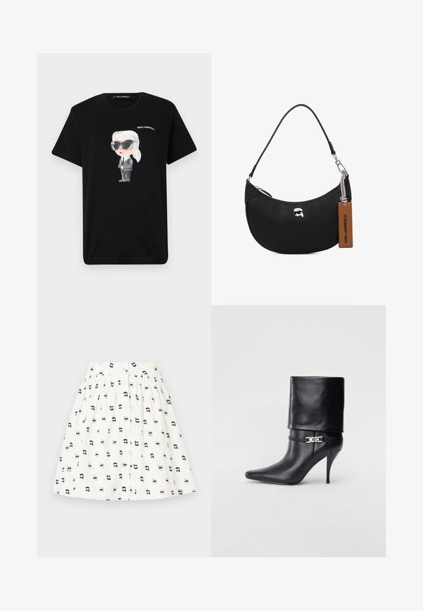 Črna bombažna majica s grafiko risanega junaka v sivi in beli barvi, ki nosi sončna očala in obleko, z napisom "KARL LAGERFELD" nad njim.; Bela krilna obleka z vzorcem majhnih črnih risanih obrazov z različnimi dodatki. Ima sprednje gumba in zbrano pas.; Črne usnjene gležnjarje z ostrim nosom, visokim stiletto peto, zavihanim robom in zlatim okrasnim zaponko na gležnju.; Črna usnjena torbica s teksturo graviranega kamna, ukrivljene oblike, zadrgo na vrhu, srebrnim okovjem in rjavo oznako. Značilna je po logotipu.