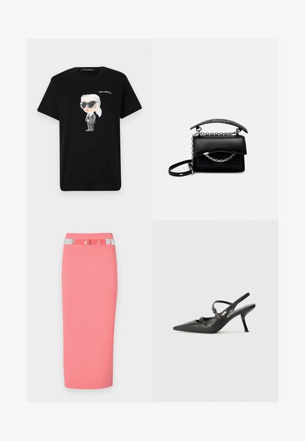 Črna bombažna majica s grafiko risanega junaka v sivi in beli barvi, ki nosi sončna očala in obleko, z napisom "KARL LAGERFELD" nad njim.; Roza svinčnikova krila iz raztegljive tkanine, ki se ponaša z srebrnim in črnim pasom z metalnimi detajli ter elegantnim, prilegajočim dizajnom.; Črne usnjene sandale na peto s koničastim nosom, vitko peto in okrasno zaponko na sprednjem delu. Gladka tekstura in eleganten dizajn.; Črna usnjena torbica s strukturirano zasnovo, poudarki iz verige in ročaji ter teksturirana površina. Ima pokrov z vidno blagovno znamko.