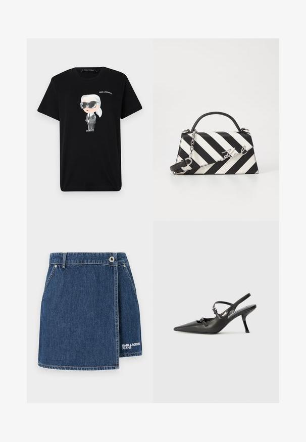 Melna kokvilnas t-kreklu ar pelēku un baltu karikatūras tēlu, kurā ir saulesbrilles un uzvalks, un virsū ir drukāts "KARL LAGERFELD".; Tumši zila denima svārku ar iepakojuma dizainu, sudraba detaļām un baltu "KARL LAGERFELD JEANS" logotipa izšuvumu apakšmalā.; Melnas ādas slingback papēži ar norādītu purngalu, izsmalcinātu papēdi un dekoratīvu sprādzi uz priekšpuses. Gluda tekstūra un elegants dizains.; Melnām un baltām svītrām rotāta rokassoma ar strukturētu formu, ar augšējo rokturi, noņemamu ķēdes siksnu un metāla logotipa akcentu.