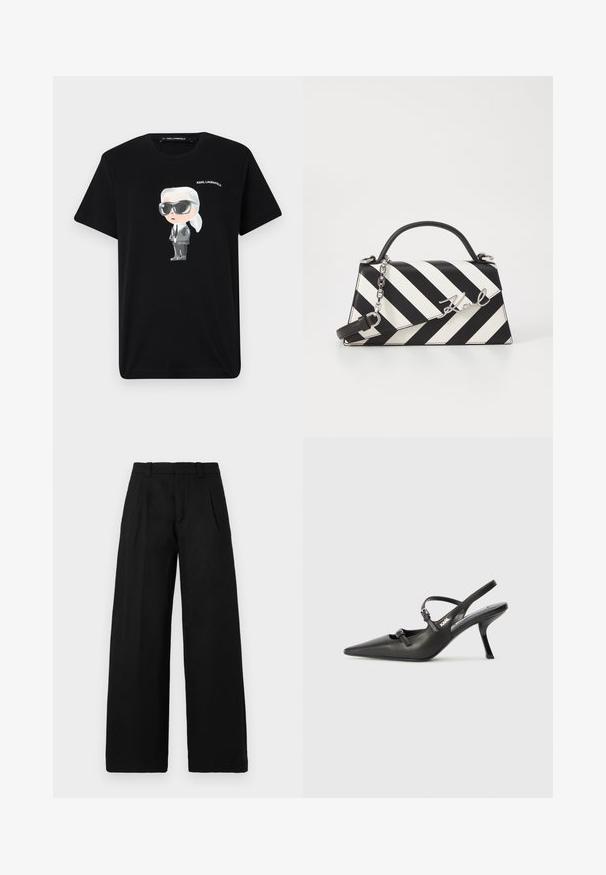 Zwarte katoenen t-shirt met een cartoonkarakter in grijs en wit, die een zonnebril en een pak draagt, met "KARL LAGERFELD" erboven gedrukt.; Zwarte wijde broek van een soepele, geweven stof. Heeft een vlakke voorkant met twee plooien en riemlussen. Eenvoudig, strak ontwerp.; Zwarte leren slingback hakken met een spitse neus, slanke hak en decoratieve gespdetails op de bovenkant. Gladde textuur en een strakke uitstraling.; Zwart-wit gestreepte handtas met een gestructureerde vorm, voorzien van een bovenhandvat, een afneembare kettingriem en een metalen logo-accent.
