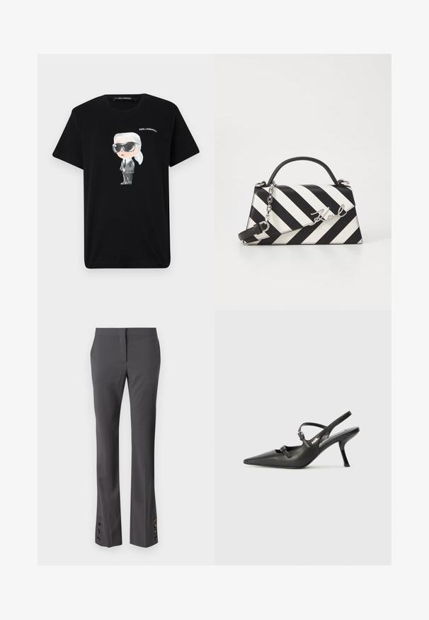 Black cotton t-shirt featuring a cartoon character graphic in gray and white, wearing sunglasses and a suit, with "KARL LAGERFELD" printed above.; Gray tailored trousers with a straight fit, button accents at the hem, and a smooth texture. Featuring a flat front and side pockets.; Black leather slingback heels with a pointed toe, slender heel, and decorative buckle detail on the vamp. Smooth texture and sleek design.; Black and white striped handbag with a structured shape, featuring a top handle, a detachable chain strap, and metallic logo accent.