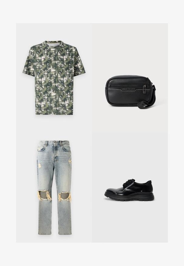 Īsu piedurkņu T-krekls mīkstā audumā ar palmu koku apdruku. Dominējošās krāsas ir zaļa un bēša, ar brīvu piegriezumu un apaļu apkakli.; Gai zils džinsu audums ar brīvu piegriezumu, kurā ir nodilušas vietas un sagriezti ielāpi pie ceļgaliem. Klasisks piecu kabatu dizains.; Melnas ādas kurpes ar mežģēm, gluda apdare, izturīga gumijas zole un noapaļota purngala forma. Iekļautas acs caurumi mežģēm un smalka zīmola identifikācija.; Melna ādas crossbody soma ar rāvējslēdzēja aizdari, teksturētu virsmu un sudraba aksesuāriem. Priekšpusē ir "Armani Exchange" logotips.