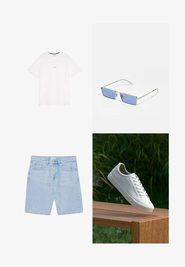 Balta medvilnės marškinėliai su trumpomis rankovėmis, apvalia iškirpte ir subtiliu tekstu centre. Lygi tekstūra su laisvu kirpimu.; Šviesiai mėlyni džinsiniai šortai tiesiu kirpimu, su priekinėmis kišenėmis, užsegimu mygtuku ir nudilusiu paviršiumi. Klasikinis penkių kišenių dizainas.; Baltos raištelinės sportbačiai, pakabinti virš medinės suolo su žaliais lapais fone, parodantys batų dizainą ir tekstūrą.; Metaliniai saulės akinių su stačiakampiu pavidalu, mėlynai tonuoti objektyvai ir sidabrinis rėmas. Turi nosies pagalvėles ir plonas, tiesias šventyklas.