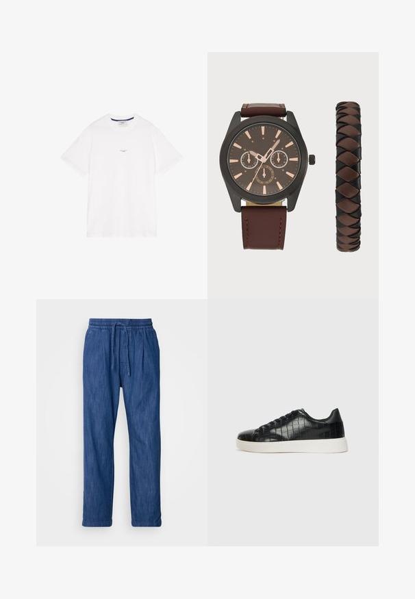 Witte katoenen t-shirt met korte mouwen, ronde hals en subtiele tekst in het midden. Soepele textuur met een ontspannen pasvorm.; Blauwe spijkerbroek met een elastische tailleband en trekkoord. Rechte pijp zonder zichtbare zakken of versieringen. Zachte textuur.; Zwarte sneakers met een gestructureerde leren bovenkant met krokodilpatroon, een ronde neus en een contrasterende witte rubberen zool met een gladde afwerking.; Pier One SET - Horloge - black/brown