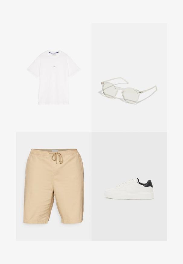 T-shirt en coton blanc à manches courtes, col rond, avec un texte discret au centre. Texture lisse avec une coupe décontractée.; Shorts beige clair en tissu à texture lisse, dotés d'une taille élastique avec cordon de serrage et de poches latérales.; Sneakers en cuir blanc avec motif embossé, semelle intermédiaire texturée blanche et accent noir au talon. Présentent une pointe arrondie et des lacets plats.; Lunettes de soleil rondes avec une monture transparente, des verres vert clair et des branches fines et transparentes. Présente des accents matériels discrets sur la monture.