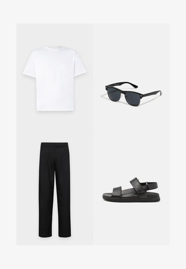 T-shirt en coton blanc à col rond et manches courtes. Texture lisse, coupe droite, sans motifs ni accents. Vue de dos uniquement.; Pantalons noirs en tissu lisse, avec une coupe droite, deux plis avant et une taille standard avec passants de ceinture.; Des sandales en cuir noir présentent deux larges bretelles sur le pied, une bride arrière ajustable et une semelle en caoutchouc texturé pour une meilleure adhérence.; Lunettes de soleil noires de forme rectangulaire, verres foncés, accents argentés aux tempes et finition mate sur la monture.