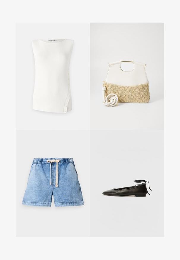 Valkoinen hihaton paita, joka on valmistettu ribbikankaasta. Siinä on pyöreä kaula-aukko ja pieniä nappeja vasemmassa sauman sivussa yksityiskohtana.; Vaaleansiniset farkkushortsit, joissa on joustava vyötärö ja kiristysnauha. Sisältää kaksi sivutaskua ja suoran leikkauksen helman.; Musta nahka ballet-flatit, joissa on terävä kärki, nilkkaremmiliitos ja litteä pohja, varustettuna sileällä pinnalla ja minimalistisella muotoilulla.; Valkoinen nahkalaukku, jossa on teksturoitu kermaisen värinen kudotun kankaan pohja. Varustettu kultasävytteisellä kahvalla ja kierretyllä valkoisella hihnalla monikäyttöisyyden vuoksi.