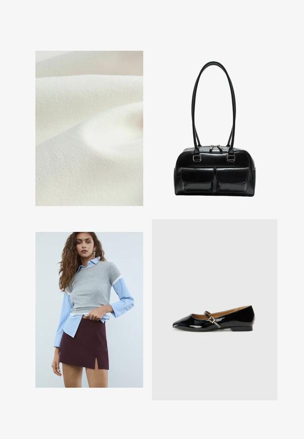 Matériau textile dans une teinte crème, présentant une surface lisse légèrement texturée avec des plis doux, affichant une apparence uniforme et subtile.; Jeune femme aux longs cheveux ondulés, portant des boucles d'oreilles en étoile, une chemise à rayures bleues avec un pull gris à manches courtes, et une jupe bordeaux avec une fente à l'avant.; Chaussure plate en cuir verni noir avec un bout pointu, une bride de cheville avec une boucle en tonalité dorée, et un petit talon carré. Fini lisse et brillant.; Sac à main en cuir noir avec deux poches avant, deux poignées et une fermeture zippée en haut. Texture lisse et forme arrondie.