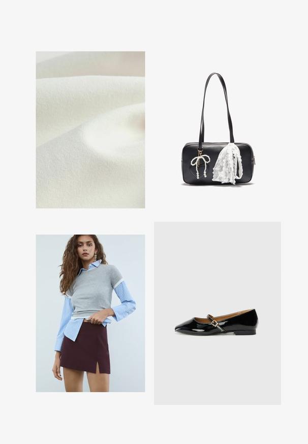 Textielmateriaal in een crèmekleur, met een gladde, iets gestructureerde oppervlakte en zachte plooien, die een subtiele, uniforme uitstraling vertoont.; Jonge vrouw met lang golvend haar, star oorbellen, een blauw gestreept shirt met een grijze korte mouwen trui en een bordeauxrode rok met een voorknoping.; Zwarte patenten leren ballerina met een spitse neus, enkelband met een goudkleurige gesp en een lage blokhak. Glad, glanzend oppervlak.; Even&Odd Handtas - black