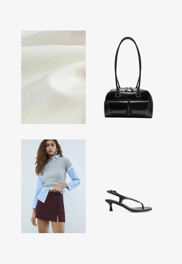 Textilmaterial i en krämfärgad nyans, med en slät, något strukturerad yta och mjuka veck, som visar en subtil, enhetlig framtoning.; Ung kvinna med långt vågigt hår som bär stjärnörhängen, en blårandig skjorta med en grå kortärmad tröja och en vinröd kjol med slits fram.; Svart lädersandal med en smal design, tunna remmar och en liten klack. Har en spänneaccent och en slät, texturerad fotbädd.; Svart läderhandväska med två framfickor, dubbla handtag och ett dragkedjeförsett toppstängning. Slät textur och rundad form.