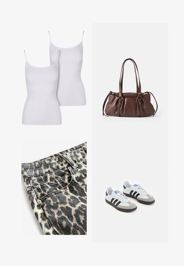 Du gauti baltus baklažanus su plonais dirželiais, pagamintus iš lygios medžiagos, su prigludusia, be rankovių konstrukcija ir paprasta, vienos spalvos apranga.; Gyvūnų rašto džinsai su šviesiai rudos ir juodos spalvos raštu, pagaminti iš džinsinio audinio su tekstūruotu paviršiumi, papuošti sidabrinėmis detalėmis ir siuvinėjimu.; Sportiniai batai su balta odine viršutine dalimi, pilku zomšiniu priekiu ir trimis juodomis juostelėmis. Ant liežuvio yra mėlynas logotipas, o padas pagamintas iš tekstūruoto gumos.; Ruda odinė rankinė su dviem ilgomis rankenomis, susiraukšlėtas dizainas, auksinės spalvos detalės ir tekstūruotas paviršius.