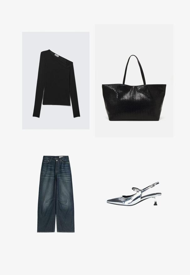 Asymmetrisch zwart lang mouwtop met een enkele off-shoulder ontwerp. Beschikt over een gladde brei-textuur en een discreet merkembleem bij de halslijn.; Wijde, donker denim jeans met een vervaagd patroon, zichtbare stiksels, voorkanten en een ritsopening.; Zilveren, gepatenteerde leren slingback schoenen met een spitse neus, verstelbare enkelband en een lage blokhak. Kenmerkt zich door een uitsnijdingen ontwerp en een strakke afwerking.; Zwarte geweven schoudertas met twee stevige handvatten, met een glanzende textuur en een ruime open bovenkant.