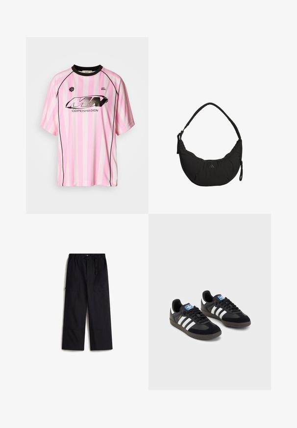 Roze en witte gestreepte kortademige trui met zwarte accenten, voorzien van een glanzend zwart logo met de tekst "COPENHAGEN" en een bloemenembleem.; Zwarte cargobroek met een elastische tailleband, verstelbare riem en twee zijzakken. Gemaakt van een lichtgewicht, gestructureerde stof.; Zwarte sneakers met een bovenwerk van suède en synthetisch materiaal, voorzien van drie witte strepen, een gestructureerde rubberen zool en een blauw logo-label op de tong.; Zwarte schoudertas met een gebogen ontwerp, gevoerde stof, verstelbare schouderriem en subtiel logo. Heeft een ritscompartiment en getextureerde accenten.