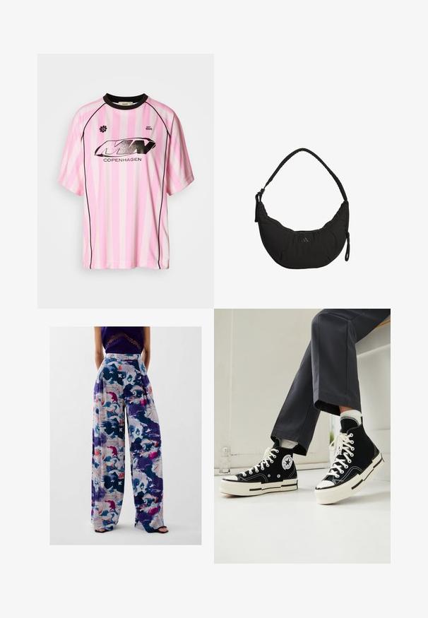 Roze en witte gestreepte kortademige trui met zwarte accenten, voorzien van een glanzend zwart logo met de tekst "COPENHAGEN" en een bloemenembleem.; Zijde-brede broek met een kleurrijke abstracte print in tinten paars, blauw, roze en wit, met een hoge taille en geplooid ontwerp.; Zwarte canvas hoge sneakers met een rubberen teenkap, witte veters en een Converse logo patch. Kenmerkt zich door de contrasterende witte zool en stiksels.; Zwarte schoudertas met een gebogen ontwerp, gevoerde stof, verstelbare schouderriem en subtiel logo. Heeft een ritscompartiment en getextureerde accenten.