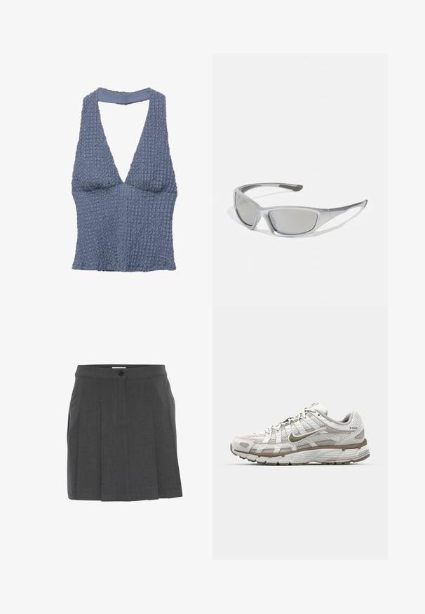Blå tekstureret crop top med dyb V-hals og brede stropper, lavet af et vævet stof med et let krøllet udseende.; Grå plisseret nederdel med en taljeelastik, med en frontknaplukning. Fremstillet af tekstureret stof, designet til en skræddersyet pasform.; Hvid atletisk sko med mesh-overdel, lysebrune detaljer og en polstret sål. Har snørrelukning og tekst på siden.; Grå solbriller med en slank, let plastramme. Har tonede grå linser og strukturerede sideaccenter for bedre greb.; Grå tekstureret håndtaske med en polstret hank, mesh-detaljer, justerbar rem og en frontlås. Kompakt design med en afrundet form.
