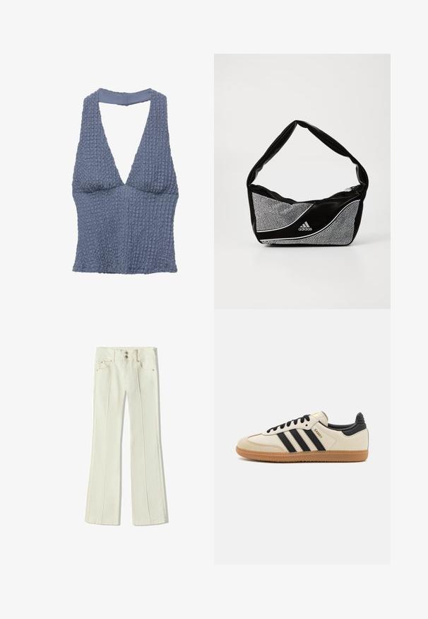 Sininen rakenteellinen toppi syvällä V-päällä ja leveillä olkaimilla, valmistettu kudotusta kankaasta, jolla on hieman rypistyneen näköinen pinta.; Valkoiset leveälahkeiset denimpantsit, joissa on teksturoitu pinta, kaksi etutaskua, kaksi nappia vyötäröllä ja näkyvät ompeluyksityiskohdat.; Beige urheilukenkä mustilla raidoilla, kumipohjalla ja mustilla yksityiskohdilla. Ominaisuuksiin kuuluu sileä nahkainen päällinen ja pyöristetty kärjen muoto.; Musta ja hopea adidas käsilaukku, jossa on sileä pinta, kiiltävä niittikuosi ja erottuva kaareva muotoilu.