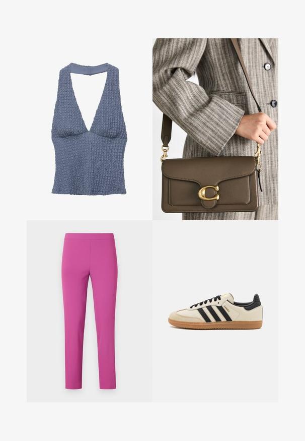 Blauw gestructureerd crop-top met een diepe V-hals en brede banden, gemaakt van een geweven stof met een licht gekreukt uiterlijk.; Strakke, hoge taille broek in levendig roze, gemaakt van soepele, rekbare stof. Enkel lengte snit zonder zichtbare zakken of sluitingen.; Beige sportieve schoen met zwarte strepen, gumrubberen zool en zwarte accenten. Beschikt over een gladleren bovenkant en een ronde neusdesign.; COACH TABBY SHOULDER BAG 26 - Handtas - dark stone