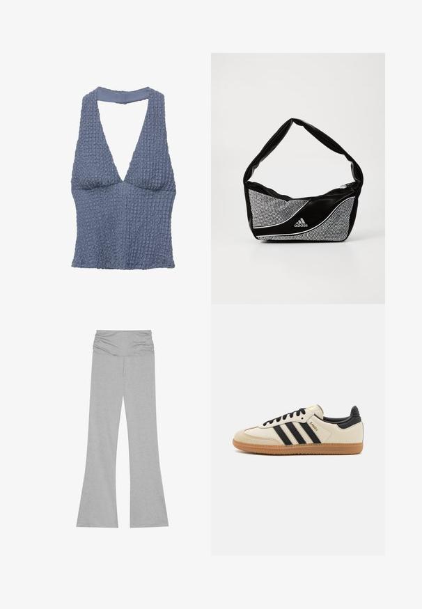 Blaues strukturiertes Cropped-Top mit tiefem V-Ausschnitt und breiten Trägern, aus einem gewebten Stoff mit leicht zerknittertem Aussehen gefertigt.; Graue ausgestellte Hosen aus weichem, elastischem Stoff. Verfügt über einen gerafften Bund für Komfort. Glatte Textur mit lockerer Passform.; Beige Sport Schuh mit schwarzen Streifen, Gummisohle und schwarzen Akzenten. Verfügt über ein Obermaterial aus glattem Leder und ein rundes Zehendesign.; Schwarze und silberne adidas-Handtasche mit einer glatten Textur, die ein glänzendes, genietetes Muster und ein markantes, geschwungenes Design aufweist.