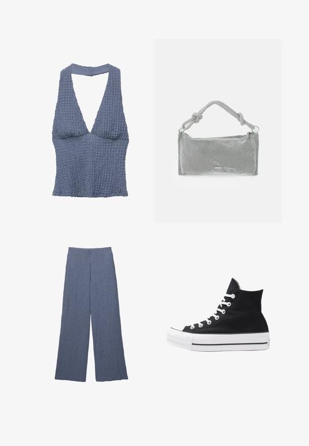 Kék textúrájú crop top, mély V-nyakkal és széles pántokkal, enyhén gyűrött megjelenésű szőtt anyagból készült.; Kék textúrált, bő szárú nadrág ribbelt mintával, magas derékkal és laza szabással, alkalmas mindennapi viseletre.; Fekete vászon magas szárú sneaker, fehér fűzőkkel és gumitalppal. Texturált orr-rész és fekete-fehér csíkos kiegészítők jellemzik.; Ezüst metál hálós kézitáska, csomózott fogantyúval, téglalap alakú, texturált felülettel és cipzáros záródással. Egyszerű, modern dizájn, minimális kiegészítőkkel.