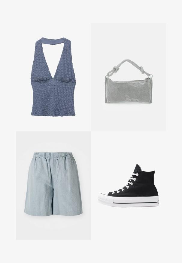 Blå tekstureret crop top med dyb V-hals og brede stropper, lavet af et vævet stof med et let krøllet udseende.; Lysblå, teksturerede shorts med elastisk talje, der har en afslappet pasform og ingen synlige lommer eller metaldele.; Højtop sort lærredssko med hvide øjetter, snørebånd og gummisål. Har en tekstureret tåhætte og sorte og hvide stribe-accenter.; Sølvnettet håndtaske med en knyttet håndtag, rektangulær form, struktureret overflade og lynlåsclosing. Enkel, moderne design med minimale accenter.