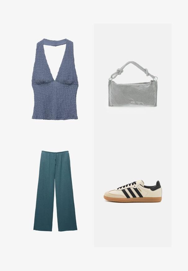 Kék textúrájú crop top, mély V-nyakkal és széles pántokkal, enyhén gyűrött megjelenésű szőtt anyagból készült.; Zöldeskék, bőszárú nadrág texturált kötött anyagból, állítható gumis derékkal és zsinórral.; Beige sportcipő fekete csíkokkal, gumi talppal és fekete részletekkel. Simára cserzett bőr felsőrésze és kerek orra van.; Ezüst metál hálós kézitáska, csomózott fogantyúval, téglalap alakú, texturált felülettel és cipzáros záródással. Egyszerű, modern dizájn, minimális kiegészítőkkel.